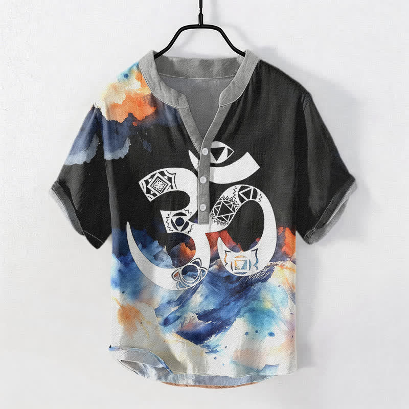 Buddha Stones Baumwollhemd mit Om-Chakra-Emblem, Kurzarm, halbe Knopfleiste, Herrenhemd - Schwarz - US/ UK/AU50, EU60 (5XL) - image 0
