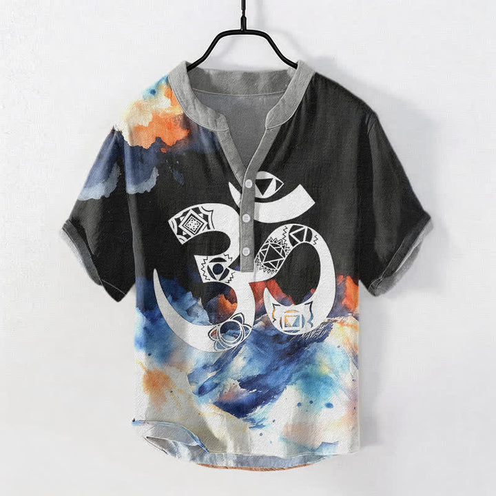 Buddha Stones Baumwollhemd mit Om-Chakra-Emblem, Kurzarm, halbe Knopfleiste, Herrenhemd - Schwarz - US/ UK/AU50, EU60 (5XL) - image 0