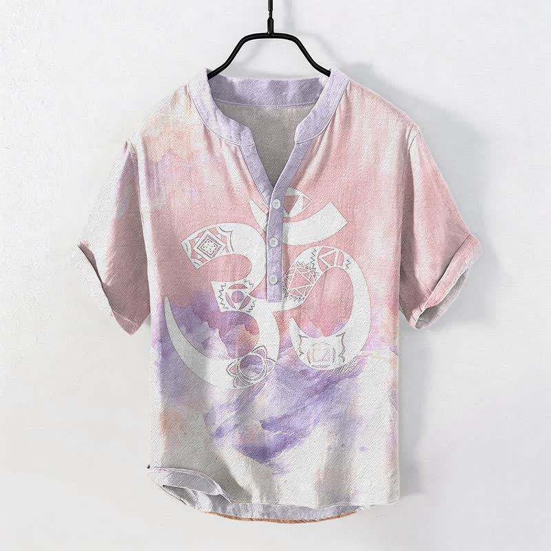 Buddha Stones Baumwollhemd mit Om-Chakra-Emblem, Kurzarm, halbe Knopfleiste, Herrenhemd - Hellrosa - US/ UK/AU50, EU60 (5XL) - image 5