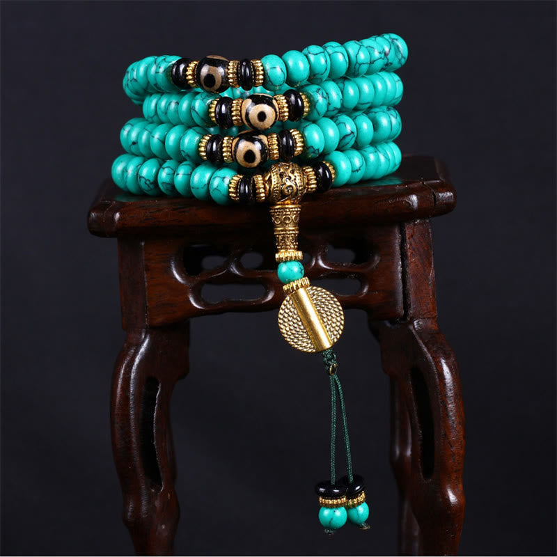 Buddha Stones Tibetische Weisheits- und Balance-Mala mit 108 türkisfarbenen Dzi-Perlen - image 3