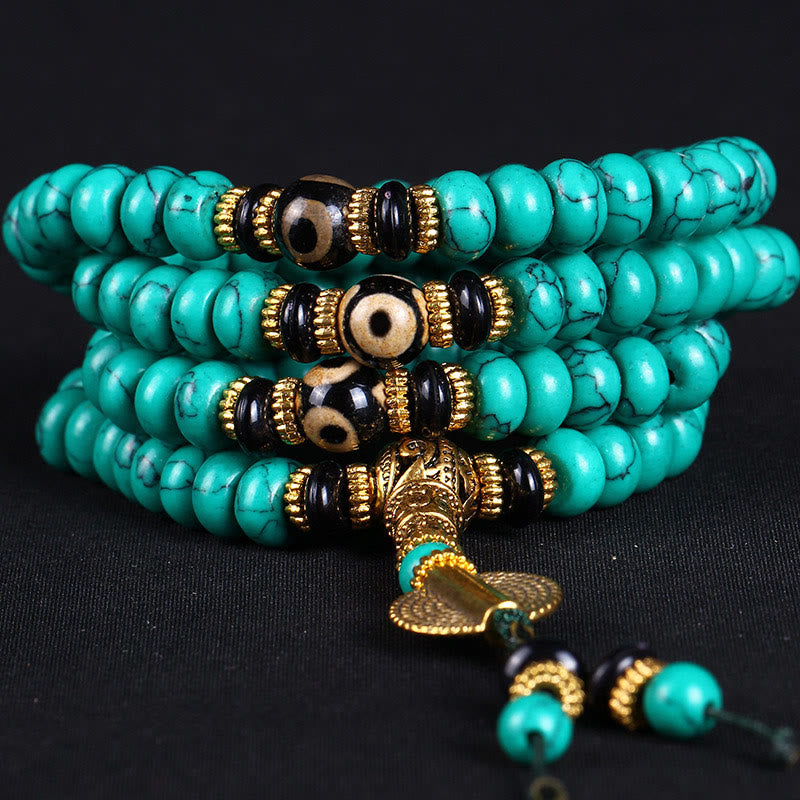 Buddha Stones Tibetische Weisheits- und Balance-Mala mit 108 türkisfarbenen Dzi-Perlen - image 1