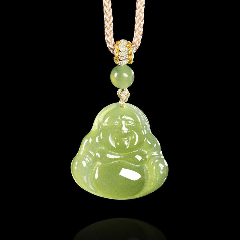 Buddha Stones Halskettenanhänger mit lachendem Buddha aus grünem Jade-Leder (Symbol für Wohlstand) - Natürlicher Jade (Farbe kann variieren) - image 0