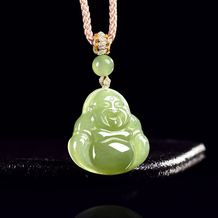 Buddha Stones Halskettenanhänger mit lachendem Buddha aus grünem Jade-Leder (Symbol für Wohlstand) - image 2