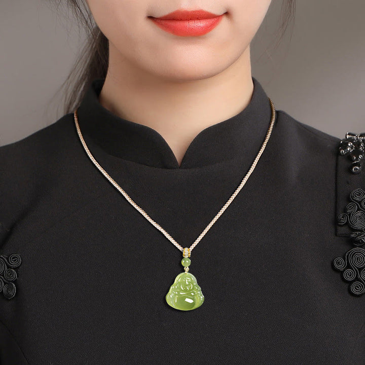 Buddha Stones Halskettenanhänger mit lachendem Buddha aus grünem Jade-Leder (Symbol für Wohlstand) - image 9