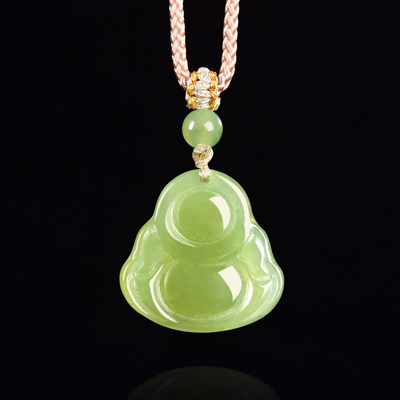 Buddha Stones Halskettenanhänger mit lachendem Buddha aus grünem Jade-Leder (Symbol für Wohlstand) - image 3