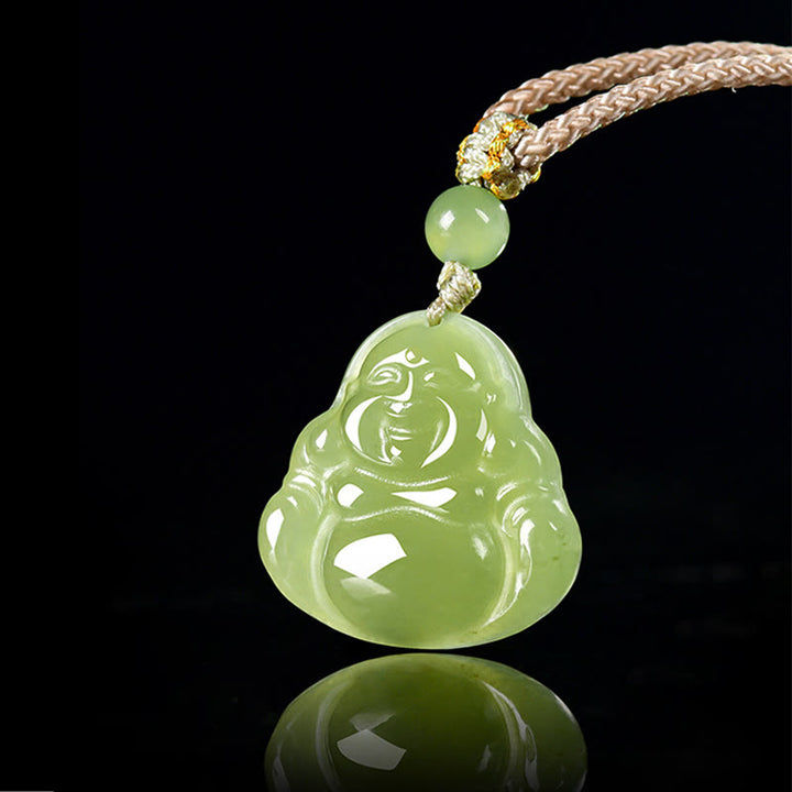 Buddha Stones Halskettenanhänger mit lachendem Buddha aus grünem Jade-Leder (Symbol für Wohlstand) - image 1