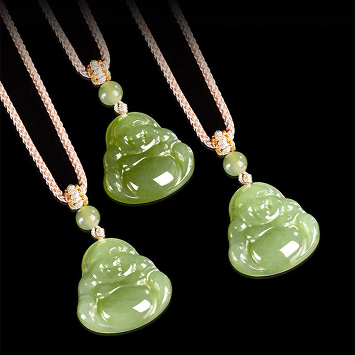 Buddha Stones Halskettenanhänger mit lachendem Buddha aus grünem Jade-Leder (Symbol für Wohlstand) - image 4