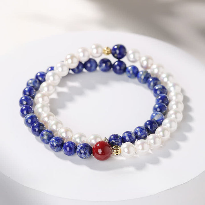 Buddha Stones Armband aus Lapislazuli, Lazurit, Perle und Zinnober - Doppelt gewickeltes Lapislazuli-Armband (Handgelenkumfang 14-15 cm) - 6 mm - image 12