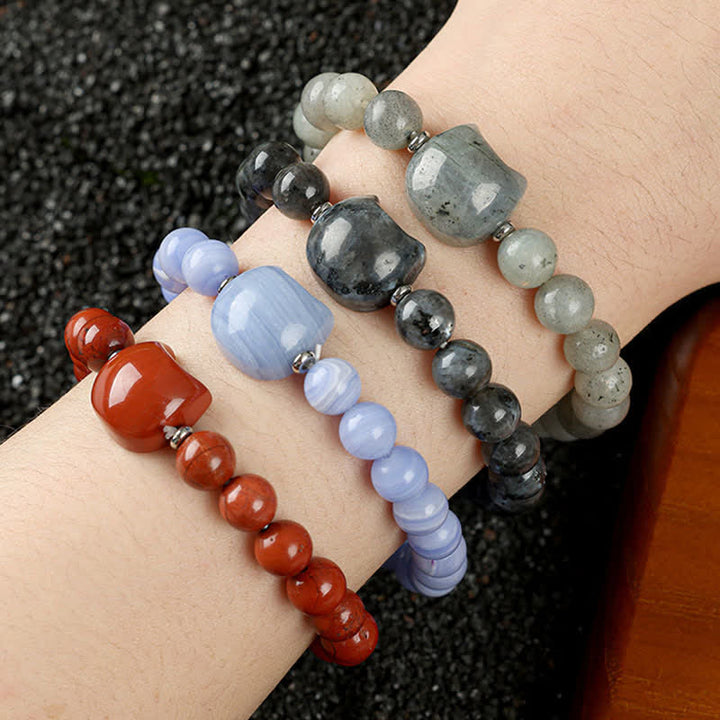 Buddha Stones Armband mit niedlichem Katzenmotiv aus blauem Spitzenachat und klarem Quarz - image 35