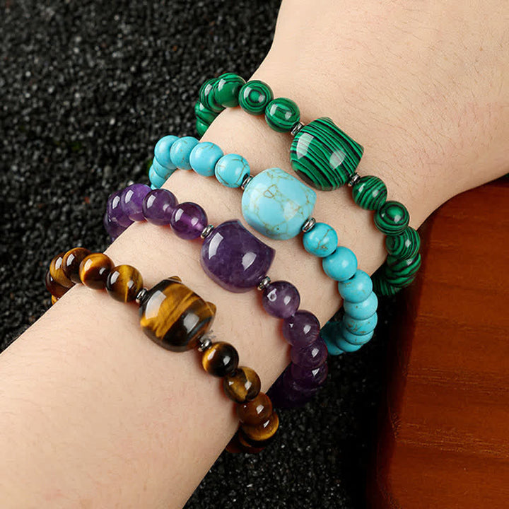 Buddha Stones Armband mit niedlichem Katzenmotiv aus blauem Spitzenachat und klarem Quarz - image 36