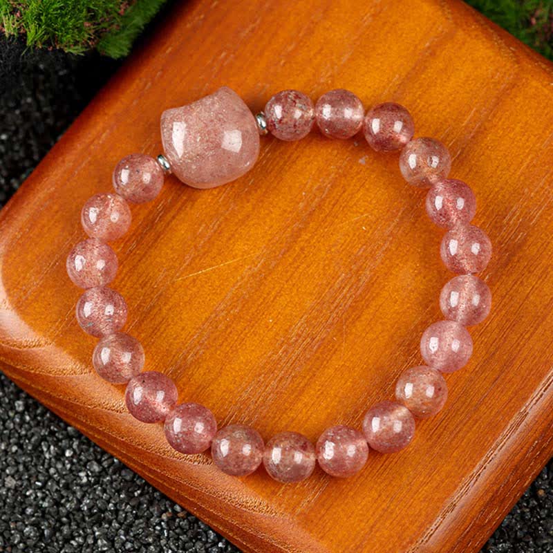 Buddha Stones Armband mit niedlichem Katzenmotiv aus blauem Spitzenachat und klarem Quarz - Erdbeerquarz (Handgelenkumfang 15–16 cm) - image 16