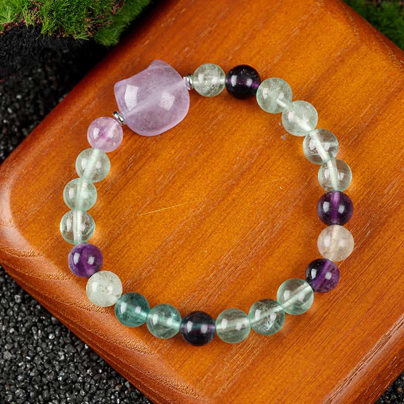 Buddha Stones Armband mit niedlichem Katzenmotiv aus blauem Spitzenachat und klarem Quarz - Regenbogenfluorit (Handgelenkumfang 15–16 cm) - image 20
