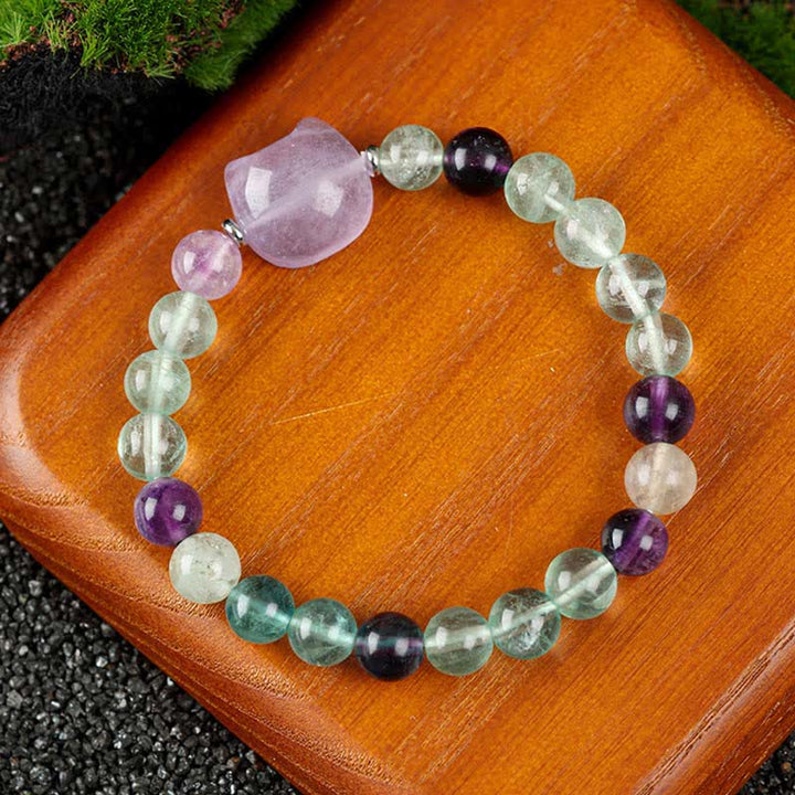Buddha Stones Armband mit niedlichem Katzenmotiv aus blauem Spitzenachat und klarem Quarz - Regenbogenfluorit (Handgelenkumfang 15–16 cm) - image 20