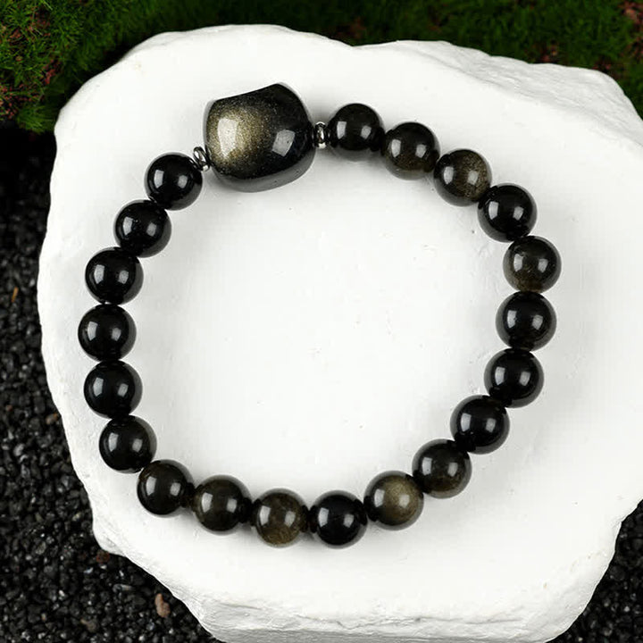 Buddha Stones Armband mit niedlichem Katzenmotiv aus blauem Spitzenachat und klarem Quarz - Goldglänzender Obsidian (Handgelenkumfang 15–16 cm) - image 24