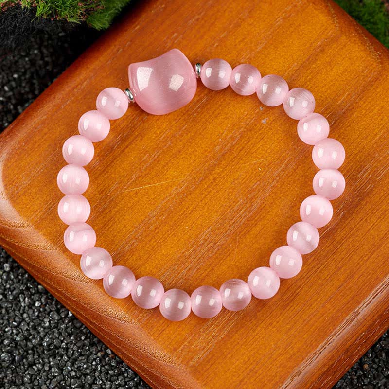 Buddha Stones Armband mit niedlichem Katzenmotiv aus blauem Spitzenachat und klarem Quarz - Rosa Katzenauge (Handgelenkumfang 15–16 cm) - image 18
