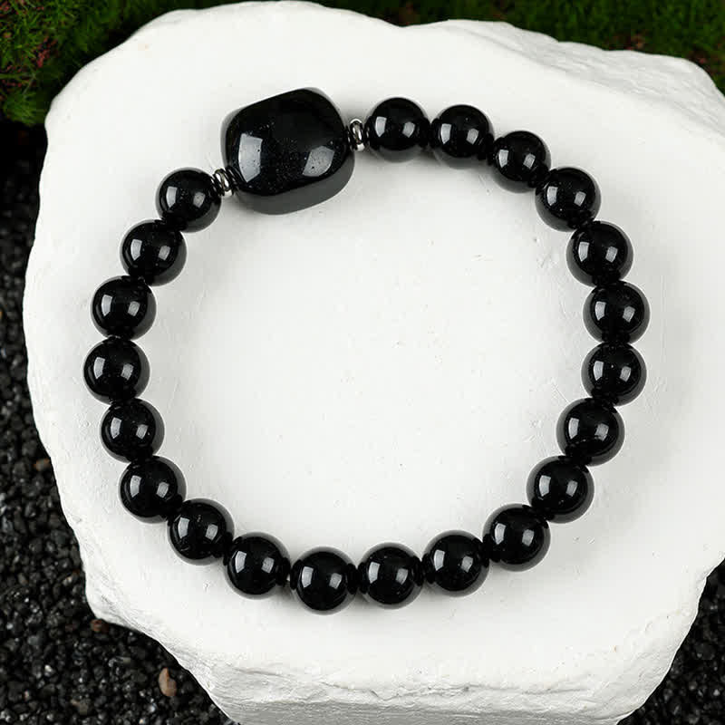 Buddha Stones Armband mit niedlichem Katzenmotiv aus blauem Spitzenachat und klarem Quarz - Schwarzer Obsidian (Handgelenkumfang 15–16 cm) - image 27