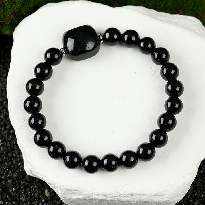 Buddha Stones Armband mit niedlichem Katzenmotiv aus blauem Spitzenachat und klarem Quarz - Schwarzer Obsidian (Handgelenkumfang 15–16 cm) - image 27