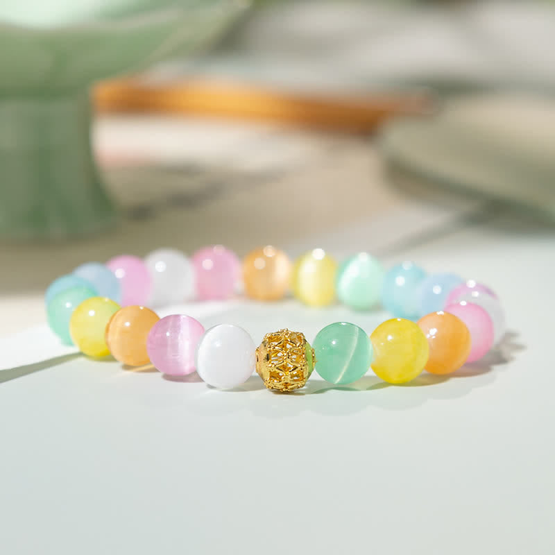 Buddha Stones Armband mit hohlem Design, mehrfarbigen runden Katzenaugenperlen - Buntes Katzenauge (Handgelenkumfang 15–16 cm) - image 0