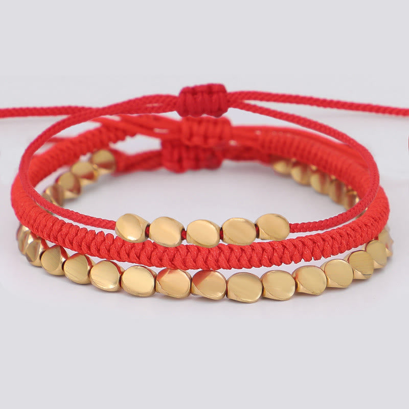 Buddha Stones 3-teiliges Armband aus goldenen Kupferperlen und roter Schnur - Rotes Band (Handgelenkumfang: 16-26 cm) - image 0