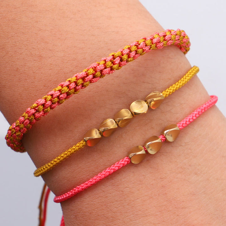Buddha Stones 3-teiliges Armband aus rosa-gelben, goldenen Kupferperlen - Schnur (Handgelenkumfang: 16-26 cm) - image 0