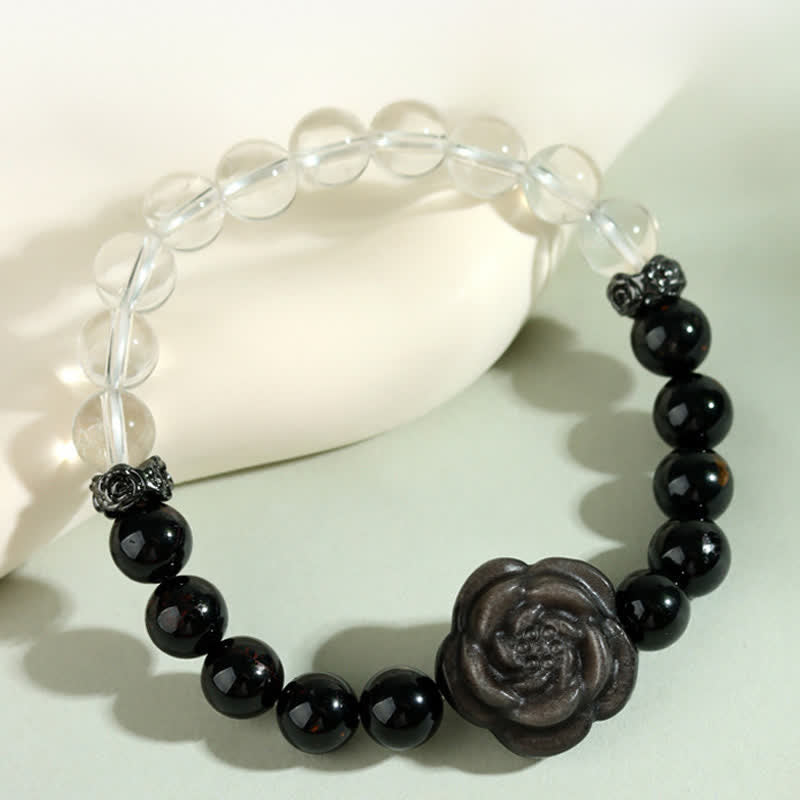 Buddha Stones Armband aus schwarzem Turmalin und klarem Quarz mit geschnitztem Rosenblütenmotiv - Schwarzer Turmalin (Handgelenkumfang 15–16 cm) - image 0