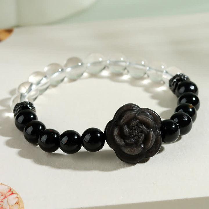 Buddha Stones Armband aus schwarzem Turmalin und klarem Quarz mit geschnitztem Rosenblütenmotiv - image 3