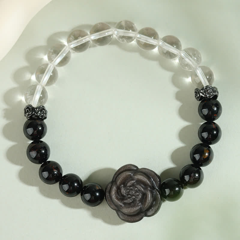 Buddha Stones Armband aus schwarzem Turmalin und klarem Quarz mit geschnitztem Rosenblütenmotiv - image 1