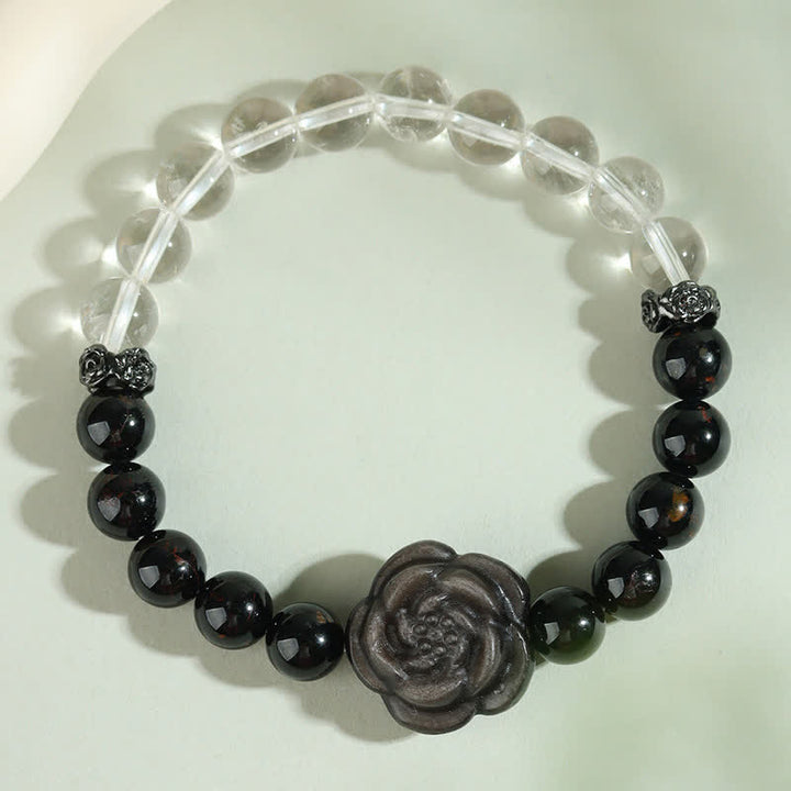 Buddha Stones Armband aus schwarzem Turmalin und klarem Quarz mit geschnitztem Rosenblütenmotiv - image 1