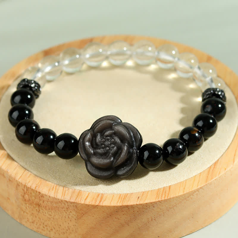 Buddha Stones Armband aus schwarzem Turmalin und klarem Quarz mit geschnitztem Rosenblütenmotiv - image 8