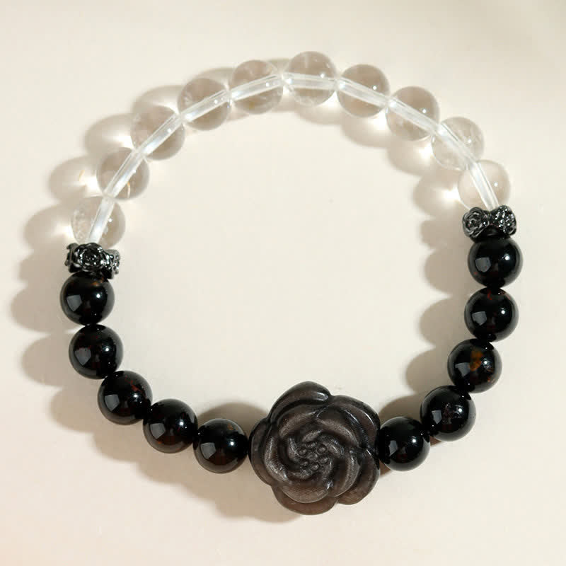 Buddha Stones Armband aus schwarzem Turmalin und klarem Quarz mit geschnitztem Rosenblütenmotiv - image 7
