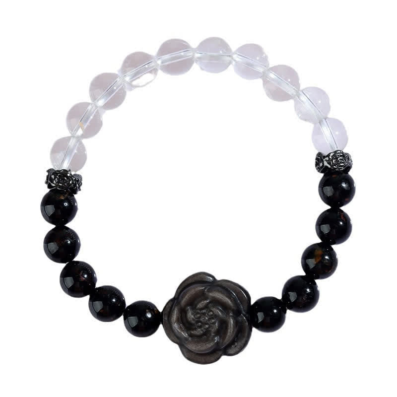 Buddha Stones Armband aus schwarzem Turmalin und klarem Quarz mit geschnitztem Rosenblütenmotiv - image 9