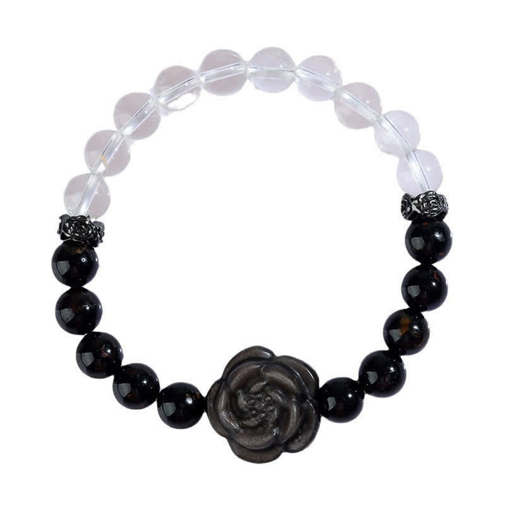 Buddha Stones Armband aus schwarzem Turmalin und klarem Quarz mit geschnitztem Rosenblütenmotiv - image 9