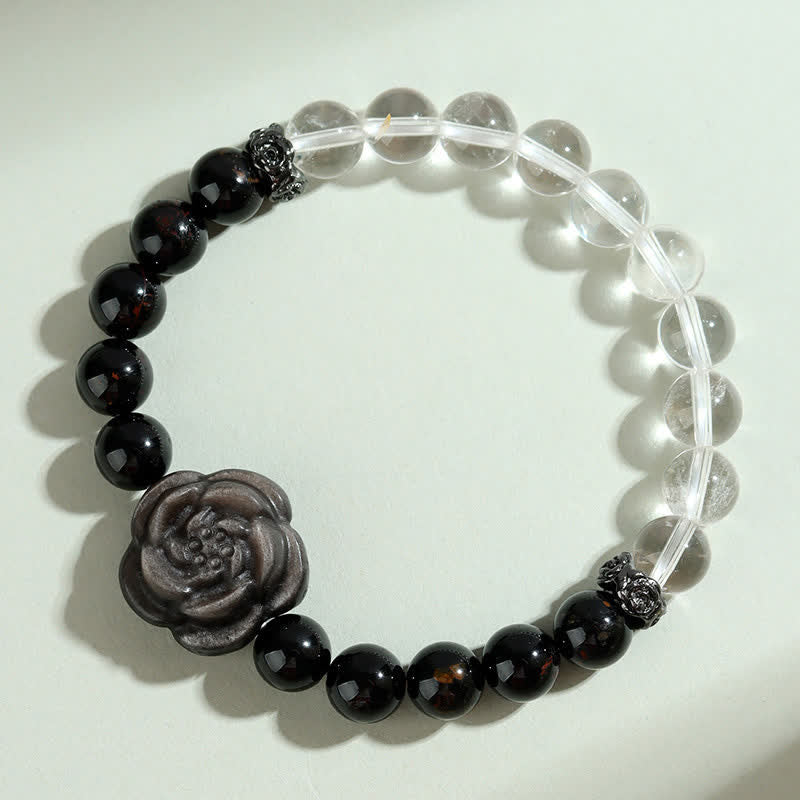 Buddha Stones Armband aus schwarzem Turmalin und klarem Quarz mit geschnitztem Rosenblütenmotiv - image 2