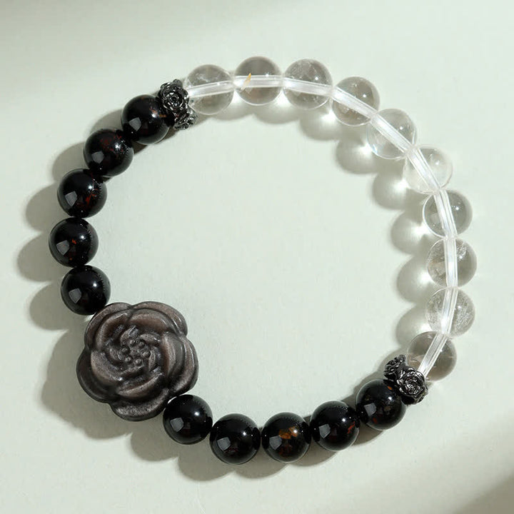 Buddha Stones Armband aus schwarzem Turmalin und klarem Quarz mit geschnitztem Rosenblütenmotiv - image 2