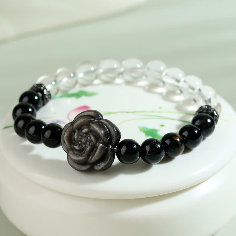 Buddha Stones Armband aus schwarzem Turmalin und klarem Quarz mit geschnitztem Rosenblütenmotiv - image 4