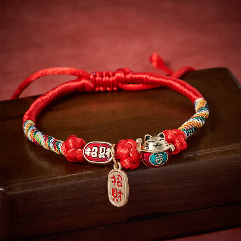 Buddha Stones Rotes, geflochtenes Katzenhalsband mit Glückssymbol und Fu-Motiv, verstellbar - image 1