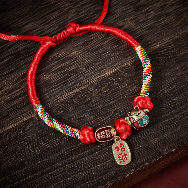 Buddha Stones Rotes, geflochtenes Katzenhalsband mit Glückssymbol und Fu-Motiv, verstellbar - image 3