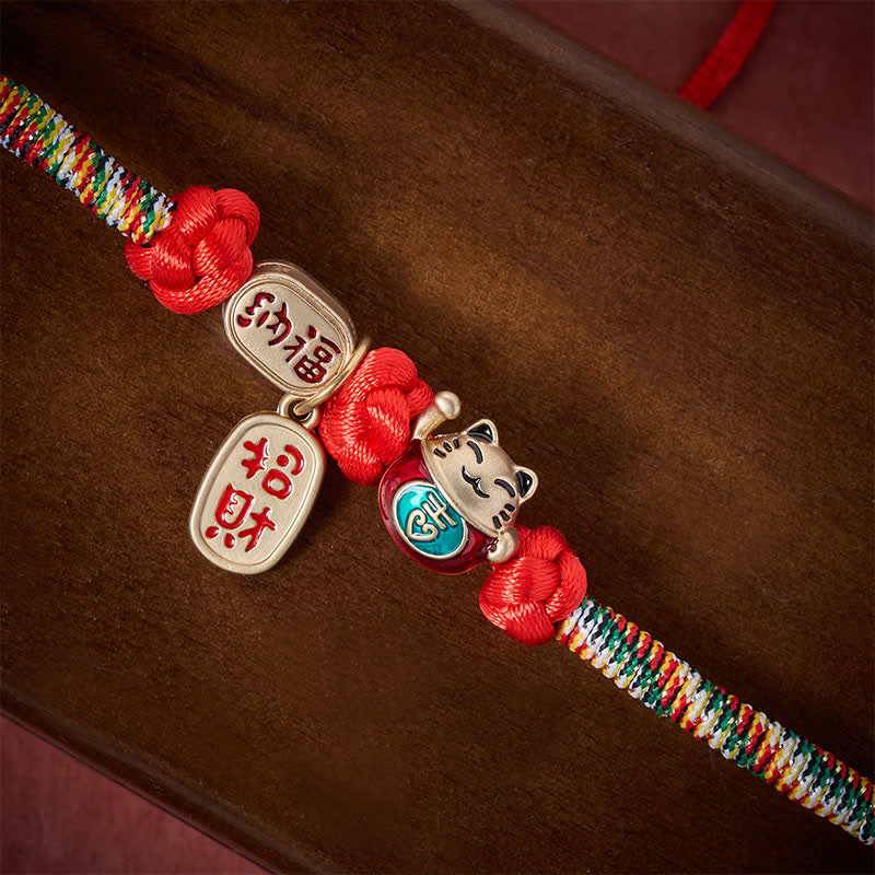 Buddha Stones Rotes, geflochtenes Katzenhalsband mit Glückssymbol und Fu-Motiv, verstellbar - image 4