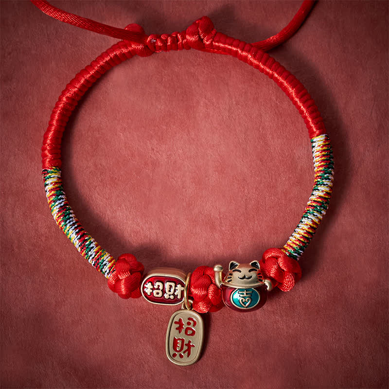 Buddha Stones Rotes, geflochtenes Katzenhalsband mit Glückssymbol und Fu-Motiv, verstellbar - image 2