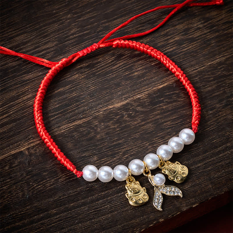 Buddha Stones Verstellbares Katzenhalsband mit roter, geflochtener Perlen-Fischschwanz-Verzierung - image 1