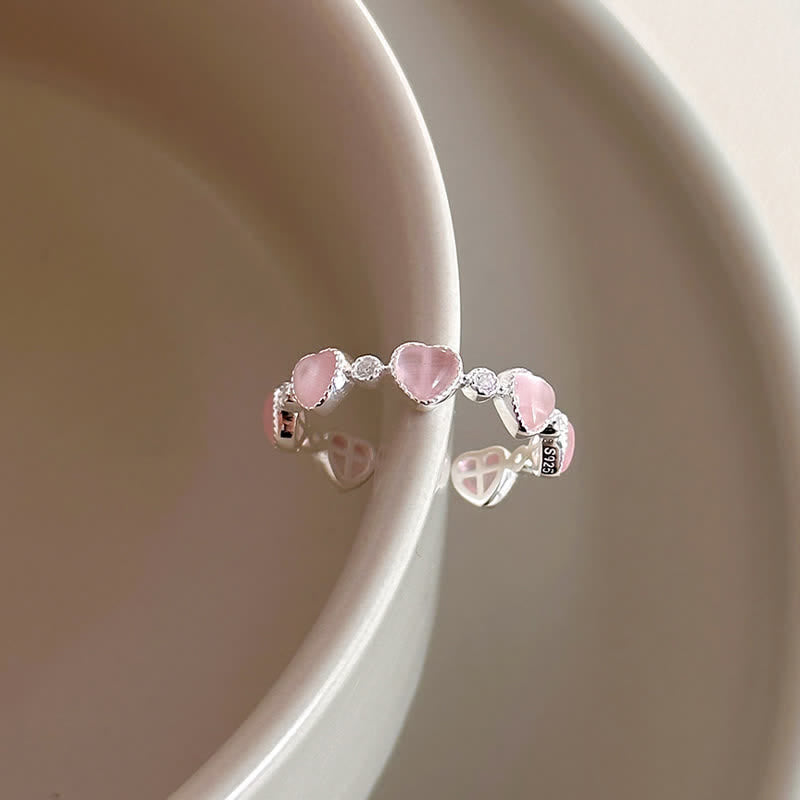 Buddha Stones Verstellbarer Liebesring aus 925er Sterlingsilber mit rosa Katzenaugen-Herz-Design - Katzenauge (Frieden♥Unterstützung) - 17 mm (einstellbar) - image 1
