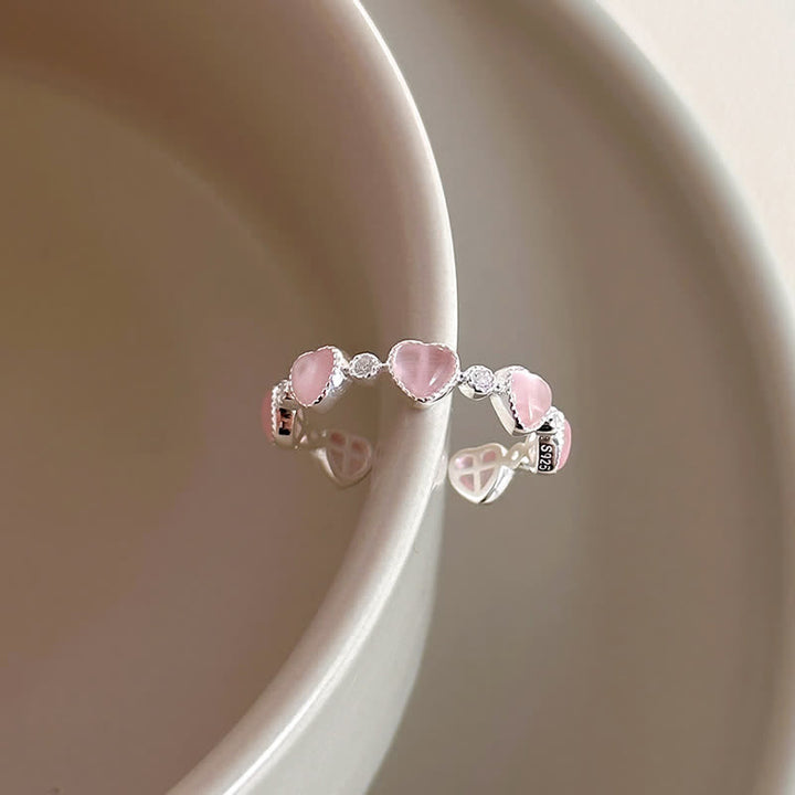 Buddha Stones Verstellbarer Liebesring aus 925er Sterlingsilber mit rosa Katzenaugen-Herz-Design - Katzenauge (Frieden♥Unterstützung) - 17 mm (einstellbar) - image 1