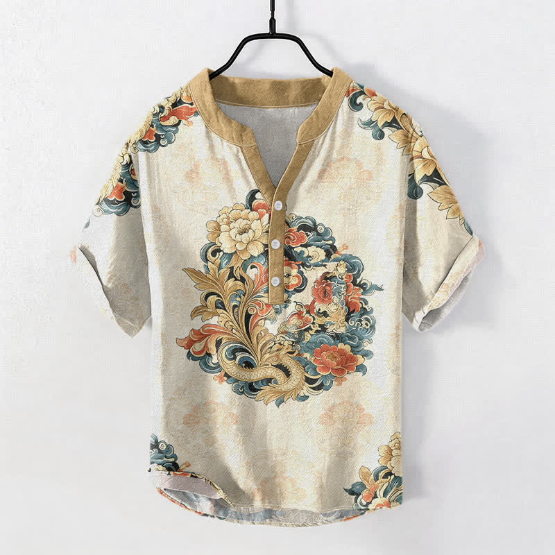 Buddha Stones Baumwollhemd für Herren mit orientalischem Pfingstrosen-Phönix-Muster, Kurzarm, halbe Knopfleiste - Beige - US/UK/AU50, EU60 (5XL) - image 0