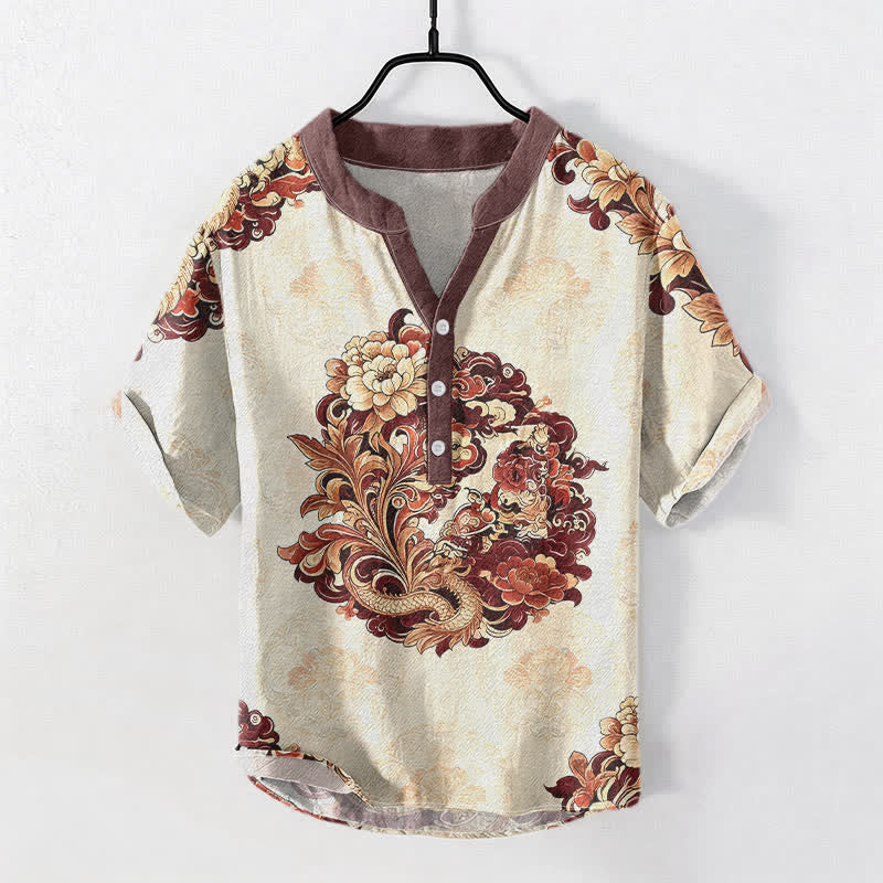 Buddha Stones Baumwollhemd für Herren mit orientalischem Pfingstrosen-Phönix-Muster, Kurzarm, halbe Knopfleiste - Braun - US/UK/AU50, EU60 (5XL) - image 3