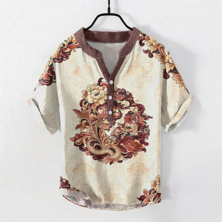 Buddha Stones Baumwollhemd für Herren mit orientalischem Pfingstrosen-Phönix-Muster, Kurzarm, halbe Knopfleiste - Braun - US/UK/AU50, EU60 (5XL) - image 3
