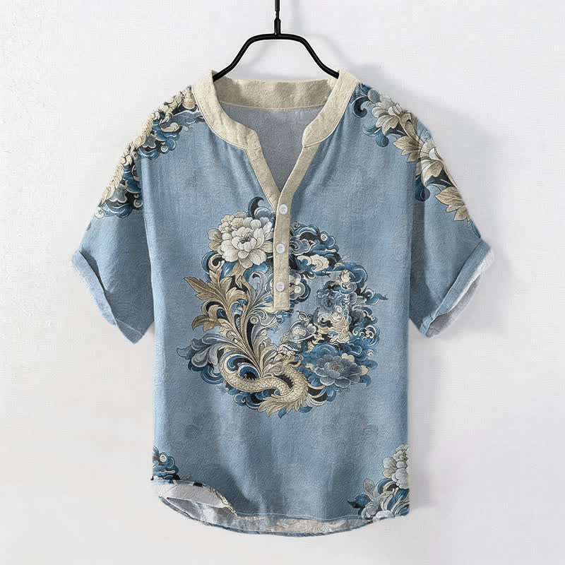 Buddha Stones Baumwollhemd für Herren mit orientalischem Pfingstrosen-Phönix-Muster, Kurzarm, halbe Knopfleiste - Hellblau - US/UK/AU50, EU60 (5XL) - image 5