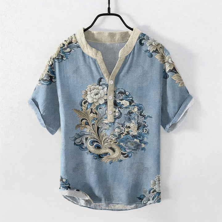 Buddha Stones Baumwollhemd für Herren mit orientalischem Pfingstrosen-Phönix-Muster, Kurzarm, halbe Knopfleiste - Hellblau - US/UK/AU50, EU60 (5XL) - image 5