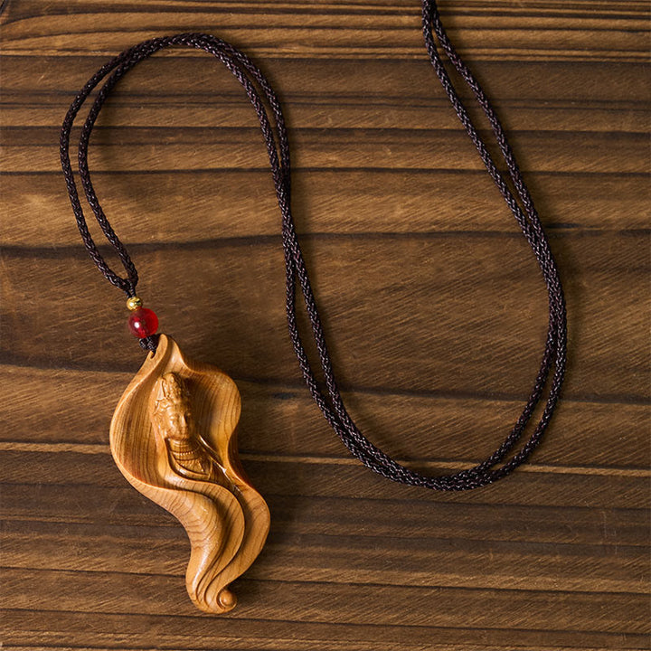Buddha Stones Guanyin Kwan Yin Avalokiteśvara Lotusblatt Platycladus Orientalis Holz Reichtum Halskette Anhänger - image 4