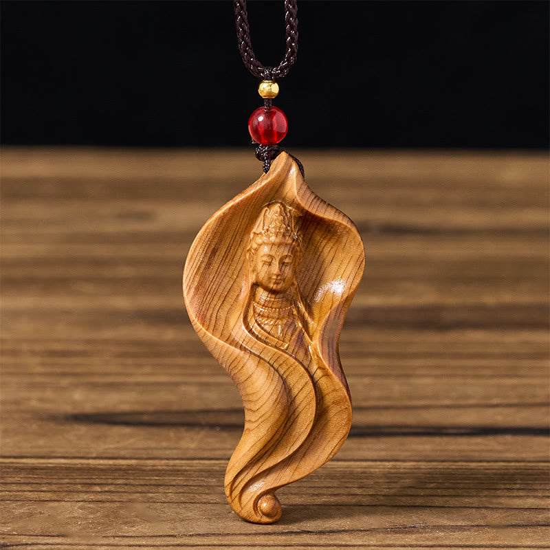 Buddha Stones Guanyin Kwan Yin Avalokiteśvara Lotusblatt Platycladus Orientalis Holz Reichtum Halskette Anhänger - Avalokiteswara - image 0