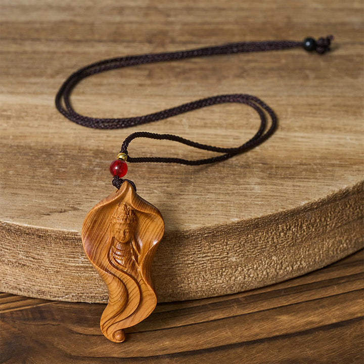Buddha Stones Guanyin Kwan Yin Avalokiteśvara Lotusblatt Platycladus Orientalis Holz Reichtum Halskette Anhänger - image 5